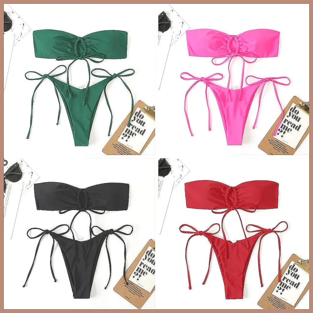 

2024 Sexy Vintage Brazilian Bikini Set - Solid Color Micro Swimwear with String & Patchwork Design
