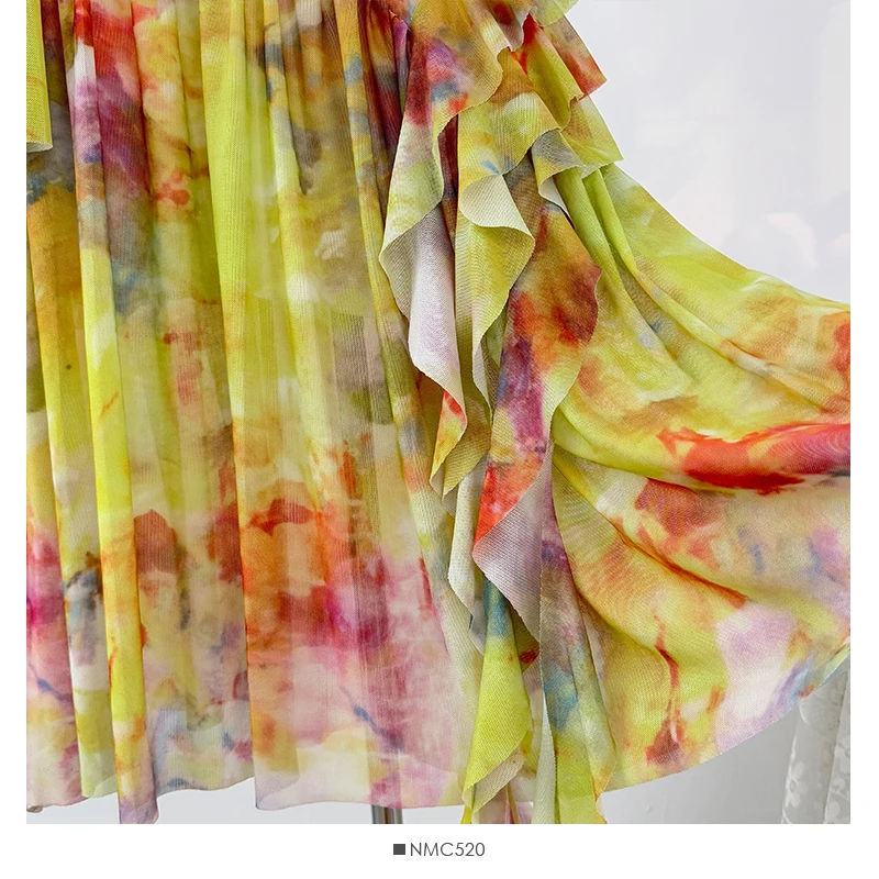 French Style Ombre Oil Painting Cami Dress Women Summer Beach Vacation Style High-Waist A-Line Pleated Bodycon Skirt Dress