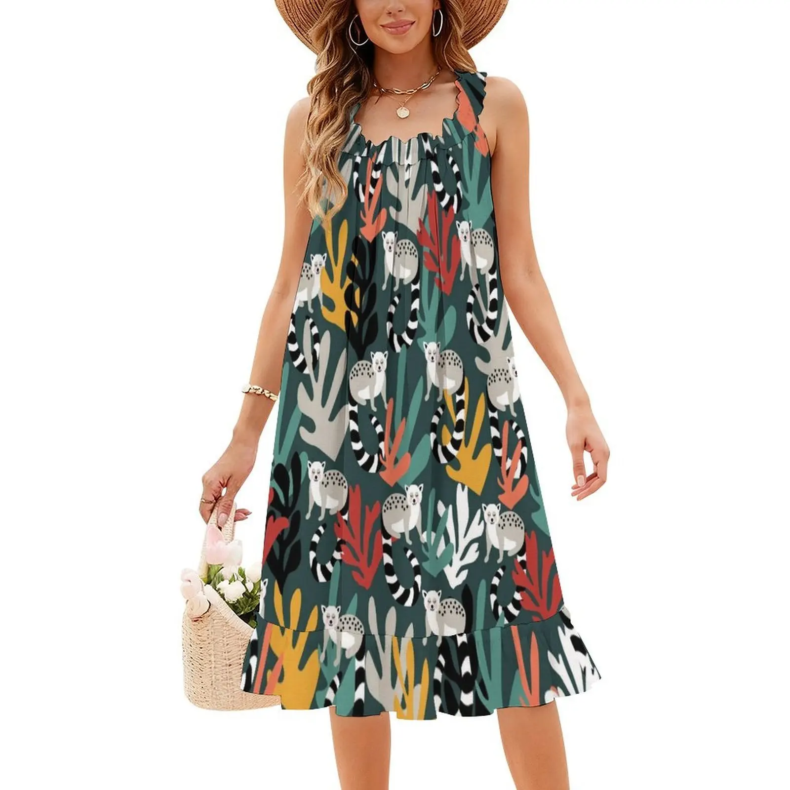 فستان بوهيمي بدون أكمام بطباعة ليمور مع أوراق استوائية للنساء، فساتين حفلات الشاطئ مطبوعة باللون الأصفر والأزرق والأسود والرمادي والوردي #4