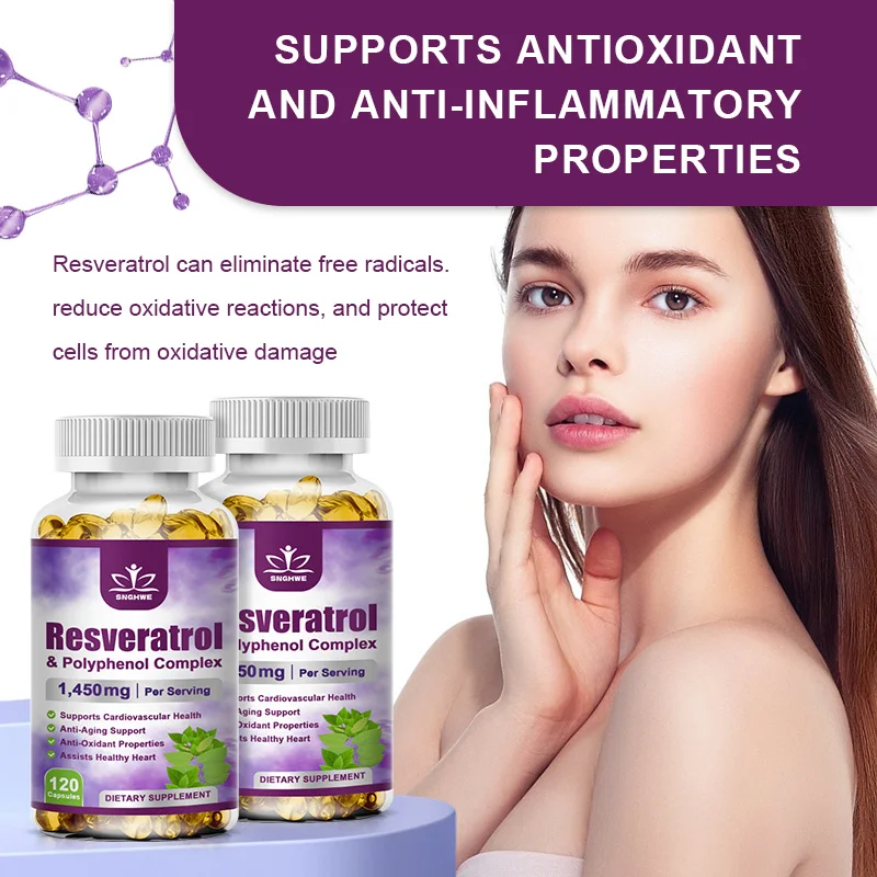 Resveratrol capsule supplement, vitamin C, skin health, antioxidant, supports overall health and metabolism,