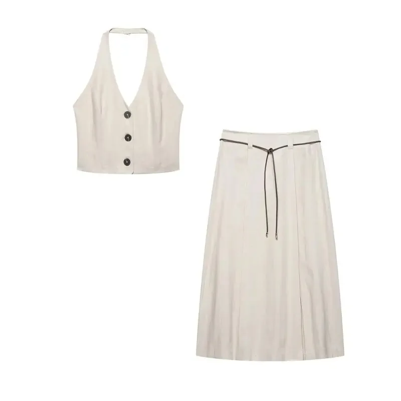 Women's Casual Linen Solid Color Sleeveless Top with Backless Suspender And Long Belt Straight Skirt Summer Fashion Suit