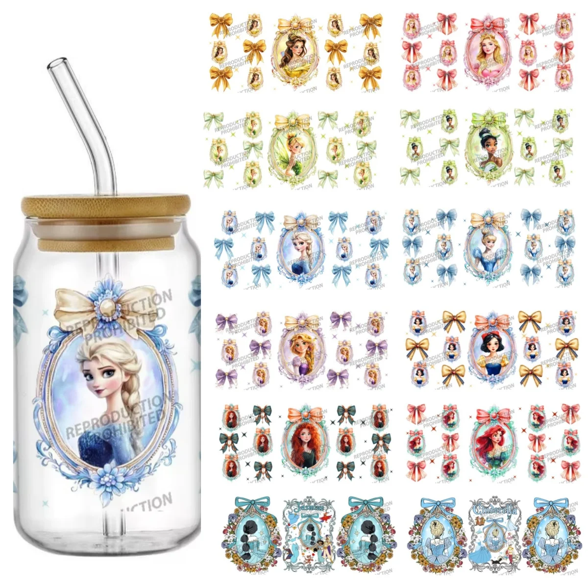 Serie de Princesas de Dibujos Animados Variados, Envoltura para Vasos UV DTF para Libbey de 16oz, Calcomanías DIY, Transferencias Stitch, Envolturas para Vasos con Pegatinas 3D