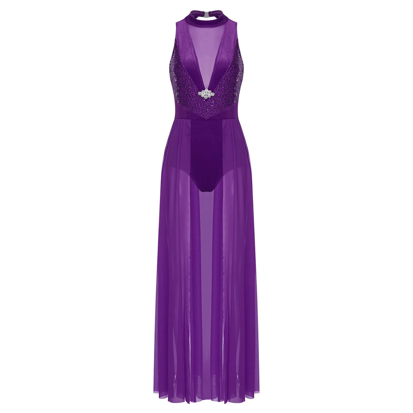 المرأة فستان رقص غنائي الحديثة المعاصرة ملابس رقص الترتر الرسن أكمام فستان ماكسي الباليه الجمباز يوتار فستان