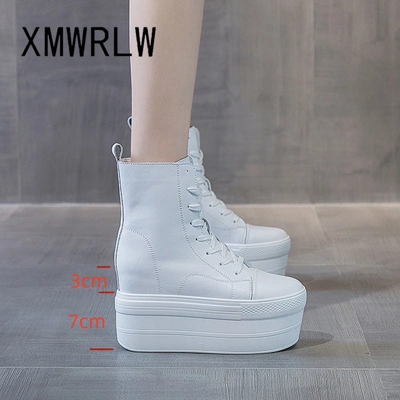 XMWRLW Women\'s Mid-Calf Boots Genuine Leather Platform Shoes 2023 Winter Autumn High Heels Boots For Woman Winter Shoes Boot