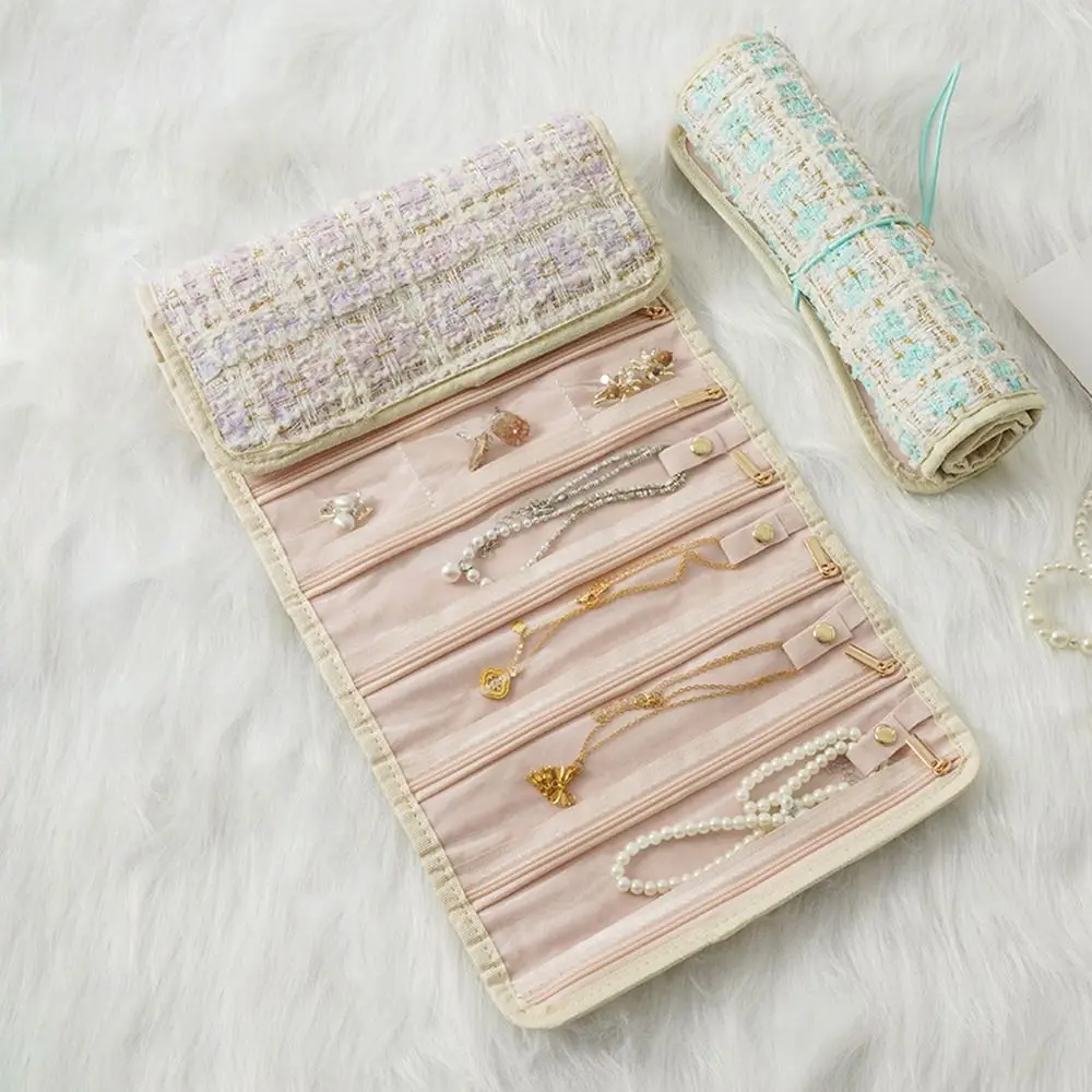 Fabric Jewelry Organizer Roll Woven Exterior Roll Up Jewelry Storage Bag Portable Zipper Compartments Roll Up Jewelry Case