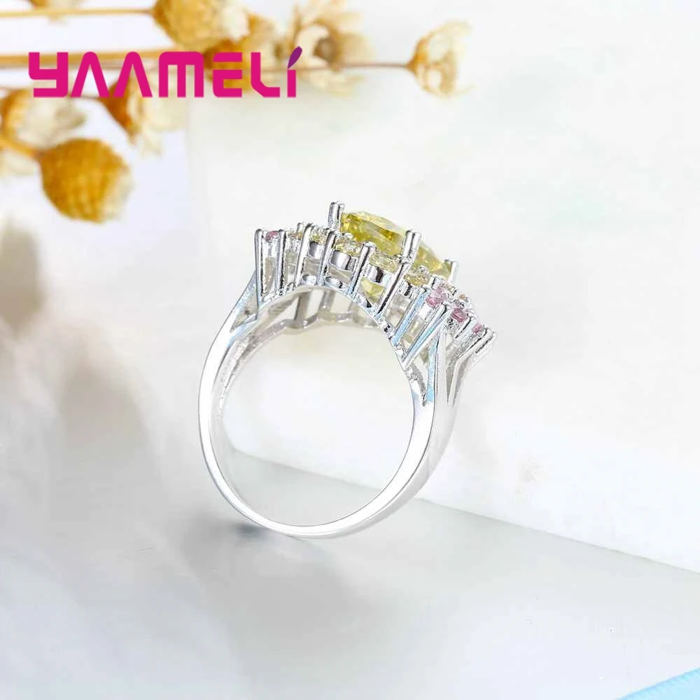 Brand Yellow Stone Decorated With Pink Crystal Cubic Zirconia 925 Sterling Silver Ring For Wedding Valentine\'s Day Gift