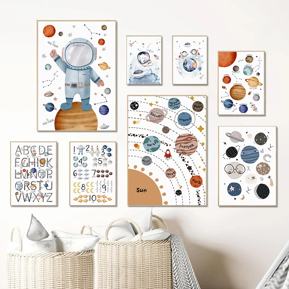 

Space Education Baby Room Wall Art Canvas Painting Posters Astronaut Alphabet Prints Kids Room Decorative Painting Home Mural