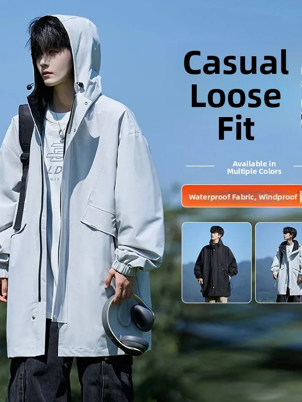 

Men's Mid-Length Hooded Jaet Autumn Winter Outerwear Windproof Waterproof Loose Fit Workwear Coat with Big kets Outdoor ...