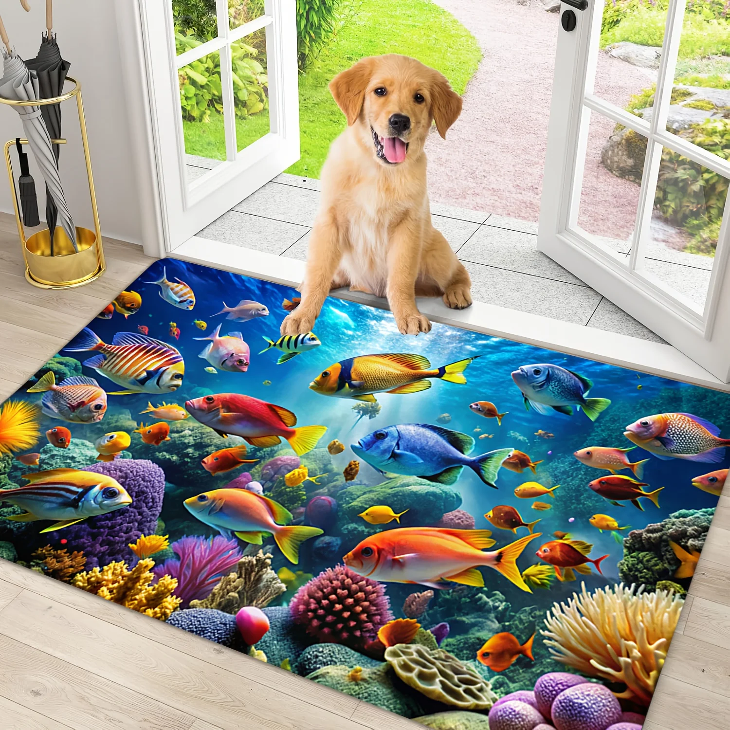 Bright Seabed Coral Reef Animal Bath Mat Multi Color Tropical Fish Underwater World Pattern Anti Slip Decor Rug for Home