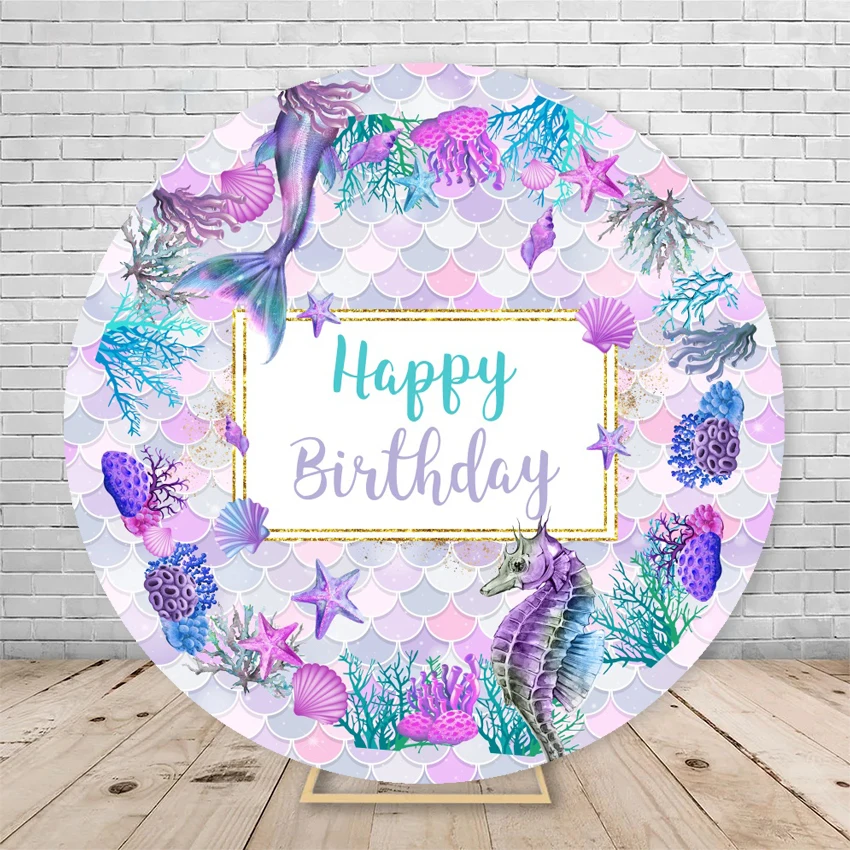 Round Mermaid Princess Girl Birthday Backdrop Under the Sea Fish Scales Background Circle Baby Birthday Party Decorations Custom