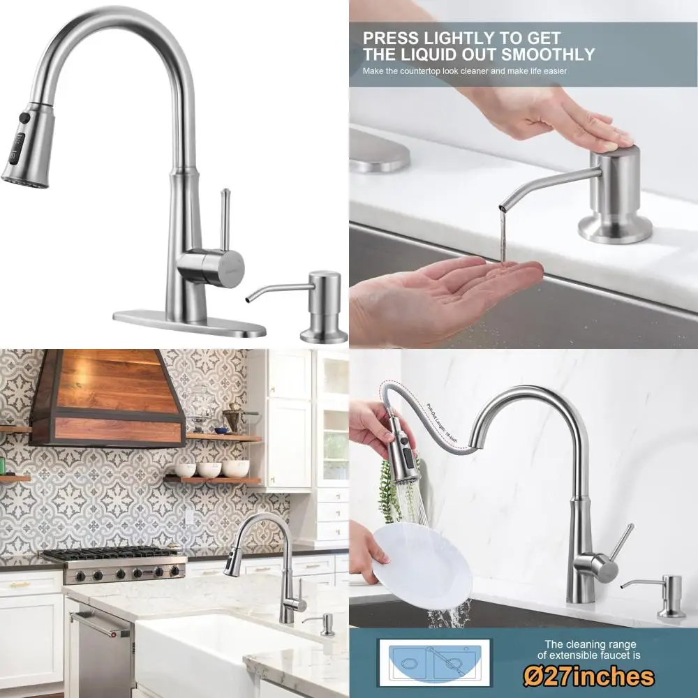 

«Высокодуговый кухонный смеситель с одной ручкой и выдвижным распылителем, отделка матовым никелем».