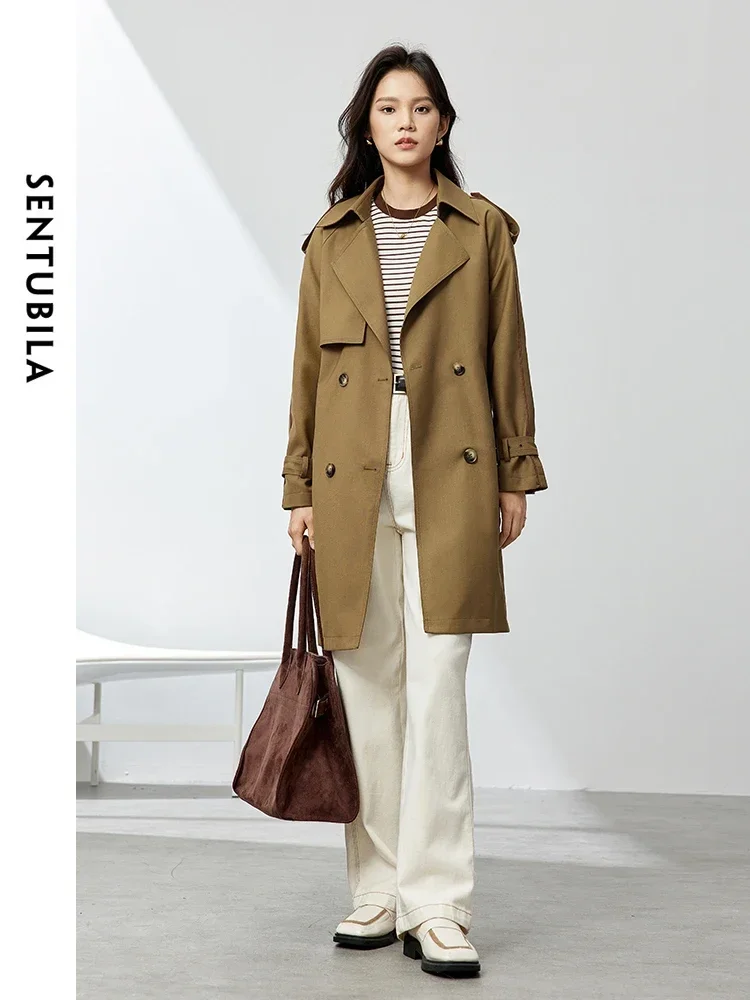 SENTUBILA Double-breasted Belted Trench Coats Women 2025 Spring Autumn England Style Commute Mid-length Loose Coat 151F80080X