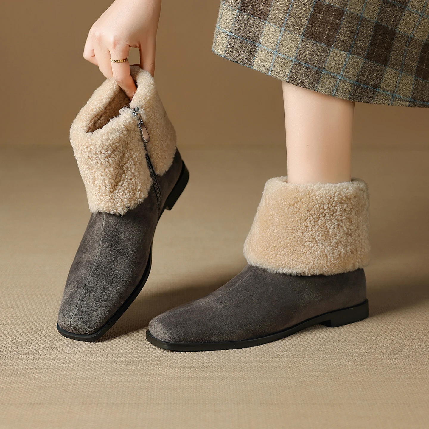 2026 new autumn winter women ankle boots natural leather plus size 22-25cm kid suede square toe thick heel back zip short boots