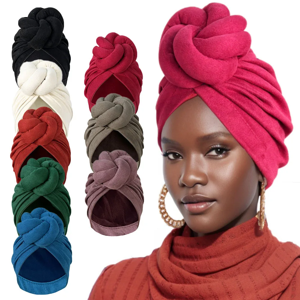 

New solid color ethnic hat three-dimensional twist knotted headscarf solid color knotted headscarf