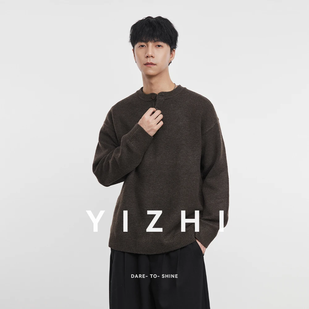 

Men's Casual Henley Neck Sweater Brown Loose Fit Knitted Pullover Comfortable Soft Long Sleeve Jumper Fashion Autumn Winter Top