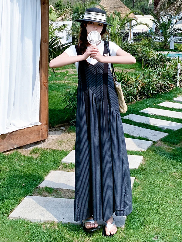 

Korean Style Summer 2025 New Loose Striped Wide Leg One-Piece Pants Atmosphere Sensation Shoulder Strap Pants Slimming Effect