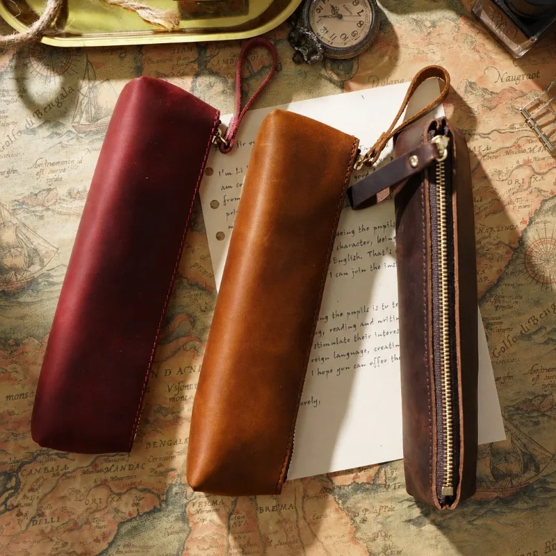Vintage PU Makeup Brush Holder, Zipper Cosmetic Pouch & Pencil Case for Brushes, Stationery, Travel, School and Daily Use