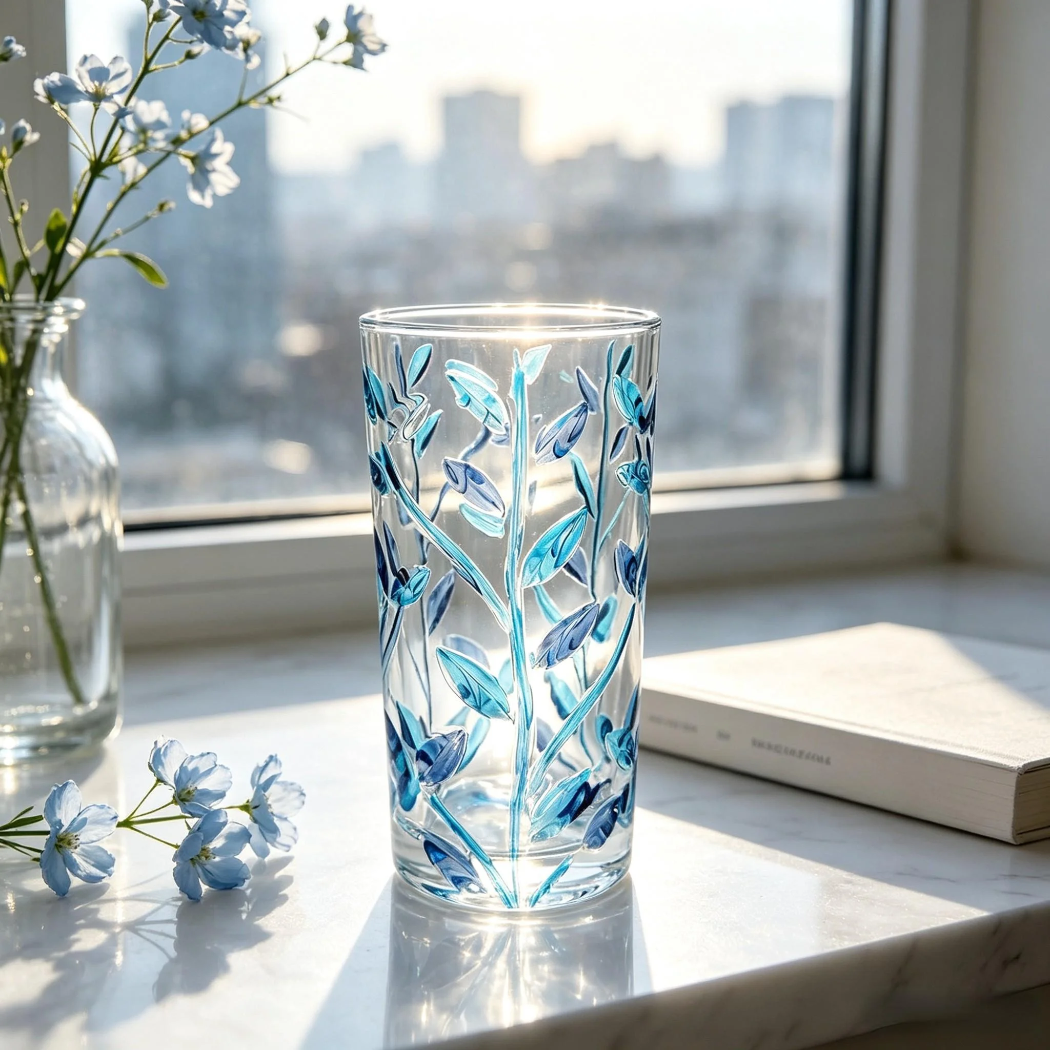 Blue relief vine pattern hand-painted tree branches, light luxury glass cups, milk cups, transparent unisex, holiday gifts view 3
