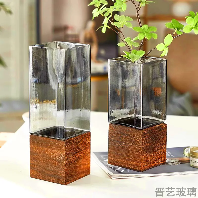 Chinese Classical Japanese Square Wooden Tray Transparent Glass Vase High-end Vase Household High-value Ornament