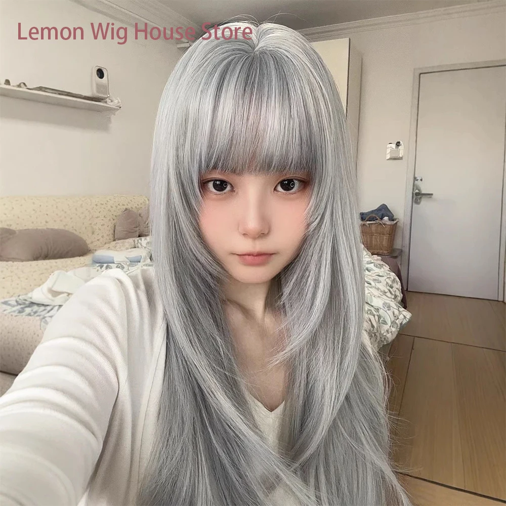 Silver Gray Long Straight Hair Wig with Bangs High-Layered Wig Lolita Layered Wigs for Women Daily Cosplay Wig Heat Resistant