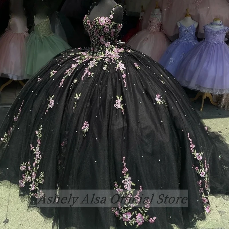 Real Picture Gothic Black Vestido De 15 Años 16th Prom Party Dress V Neck Floral Corset Sweet 16 Quinceanera Pageant Gown Robes