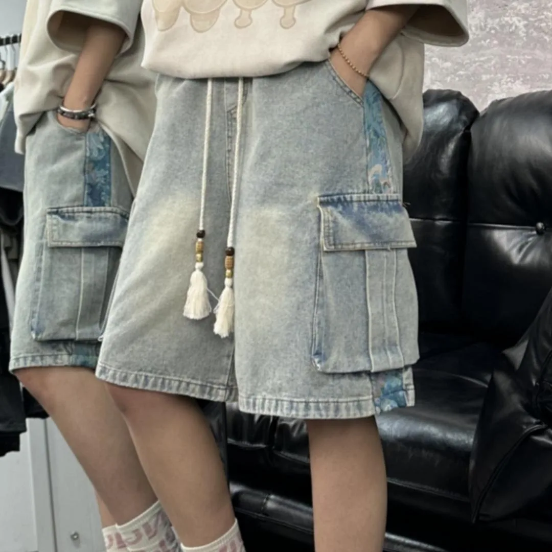 

New Chinese Style Casual Men's Denim Shorts Summer Outdoor Wear Wide Leg Half Length Trendy Brand Leisure Four Five Split Pants