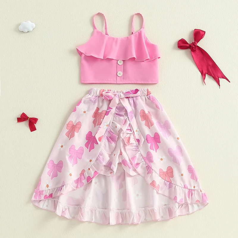 3-6Y Toddler Kids Baby Girl Clothes 2pcs Outfits Sleeveless Camisole and Bow Print High Low Ruffles Skort Summer Child Set