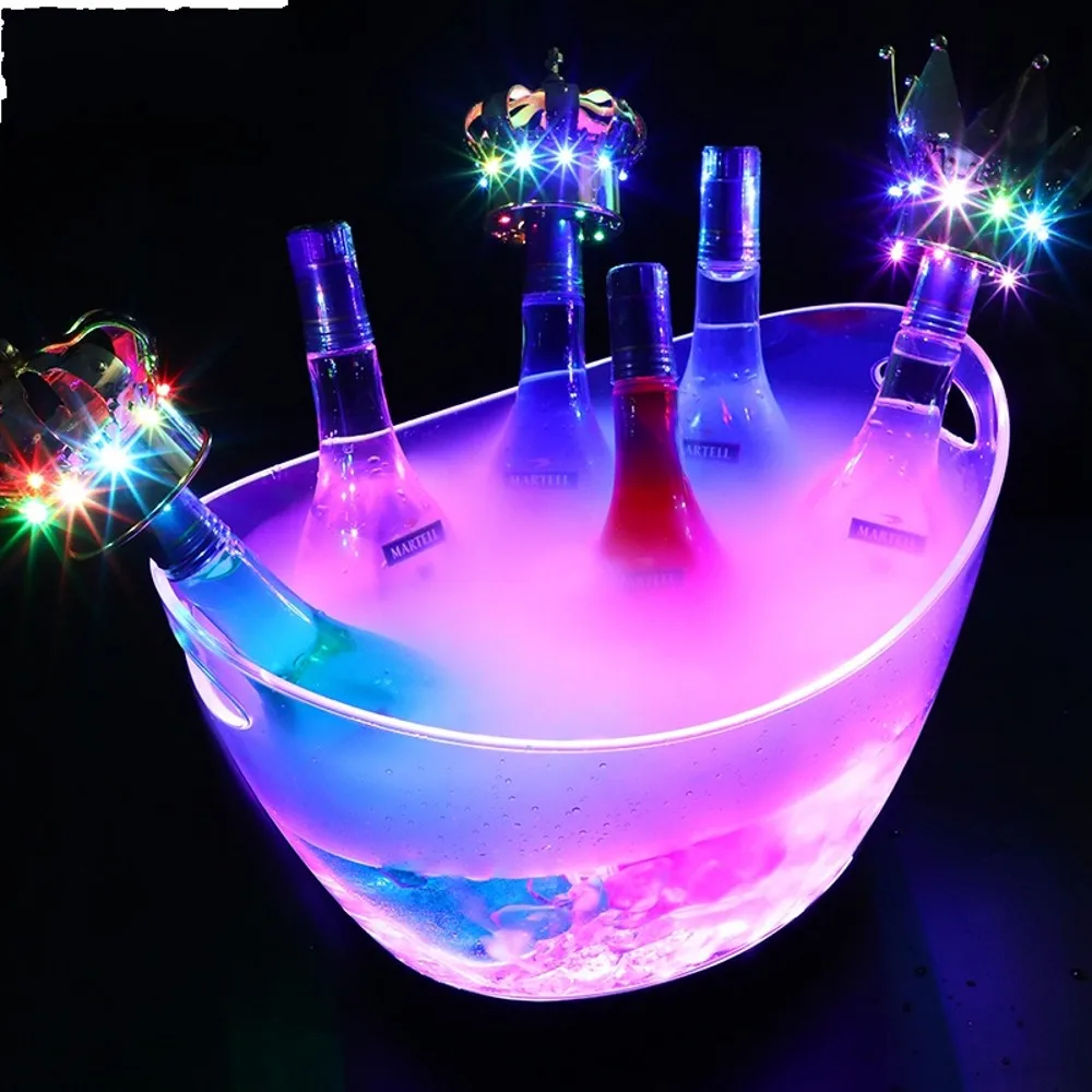 

New Waterproof LED Ice Buckets 8L Clear PS+ABS Plastic Barrel Shaped Bar Beer Bottle Cooler Container