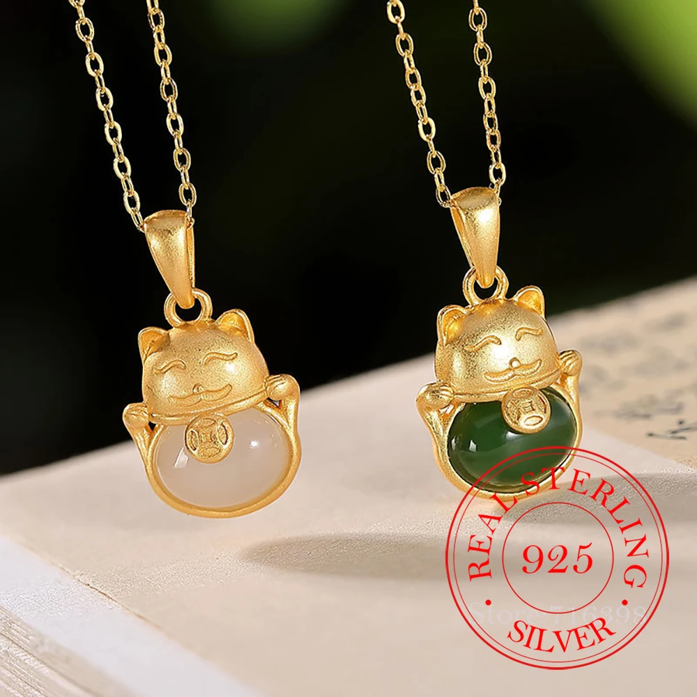 925-スターリングシルバージュエリー-18k-ゴールドメッキ天然翡翠招き猫ペンダントネックレス女性のためのウェディングパーティージュエリーギフト