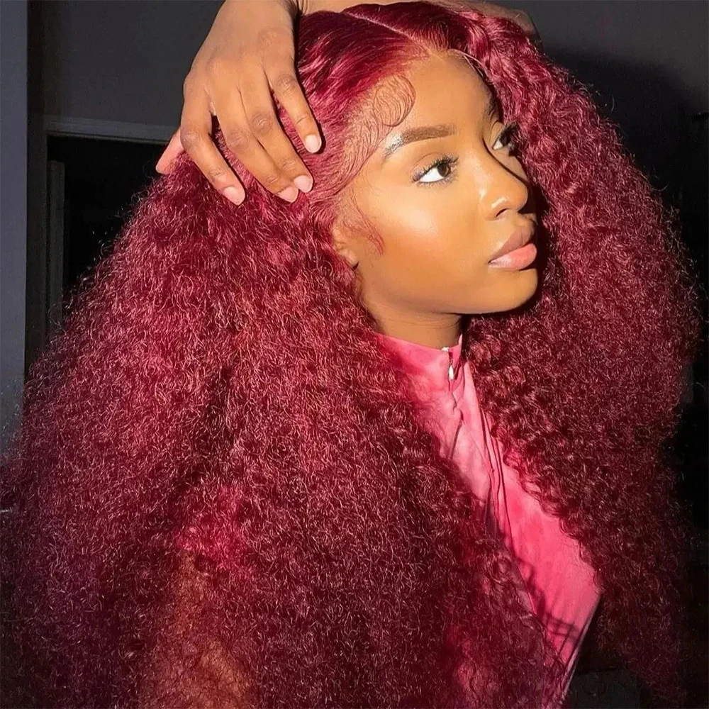 30 40 Inch 99J Burgundy Red Wine Deep Wave Brazilian Remy Human Hair Wig 13x6 HD Transparent Lace Frontal Wig Pre Plucked For Women 200% Density