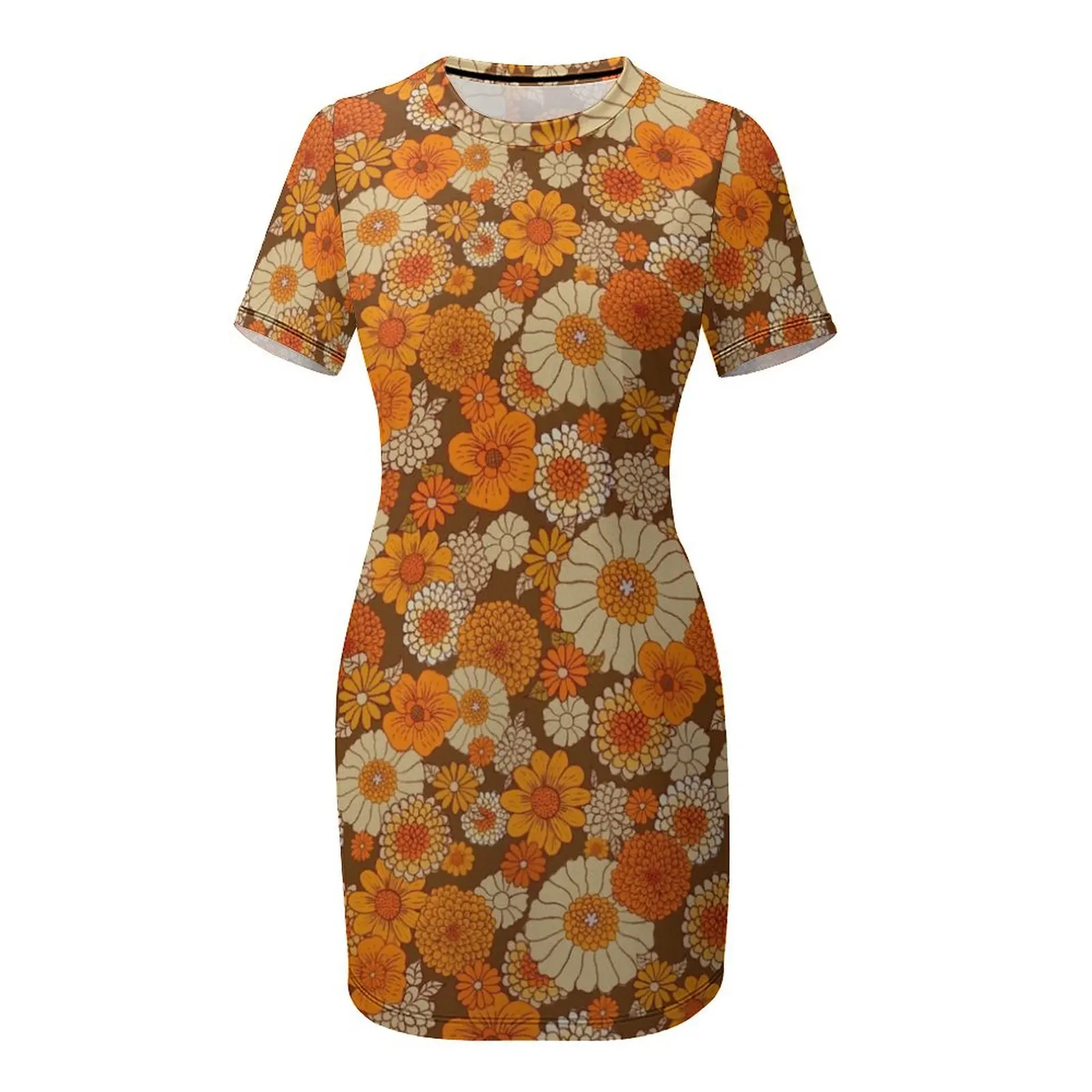 Jaren '70 retro madeliefjes, vintage flower power, oranje en bruin, boho, jurk met korte mouwen Jurk vintage jurk