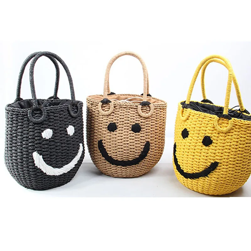 

2025 Summer New Smile Face Bucket Straw Woven Handbag Vacation Beach Bag Urban Simple Style Dual Strap Drawstring Closure