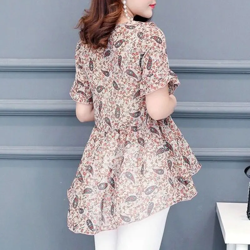 2023 New Vintage Paisley Printed Midi Blouse Summer Fashion Ruffles Spliced Women\'s Clothing Loose Elegant V-Neck Chiffon Shirt