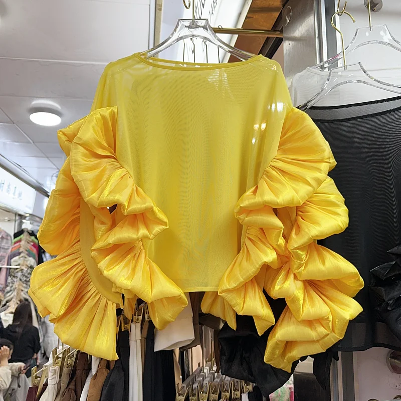 

2025 Early Autumn New All-match Shirt Women O-neck Ruffles Patchwork Mesh Blouses Y2k Long Sleeve Loose Blusas De Mujer