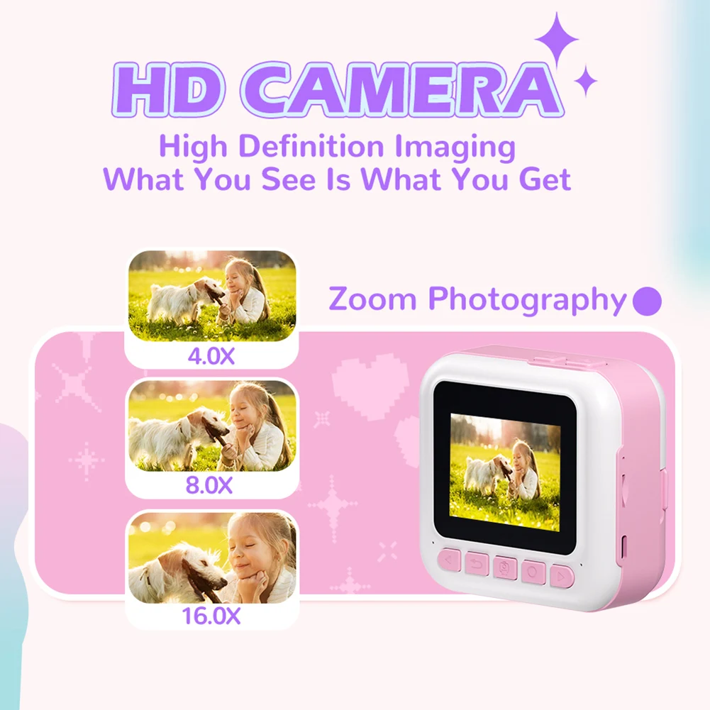 キッズミニインスタントプリントカメラ 2.4インチスクリーン 子供用描画カメラ 48MP 1080Pビデオ サーマルプリンター クリスマス/誕生日プレゼント