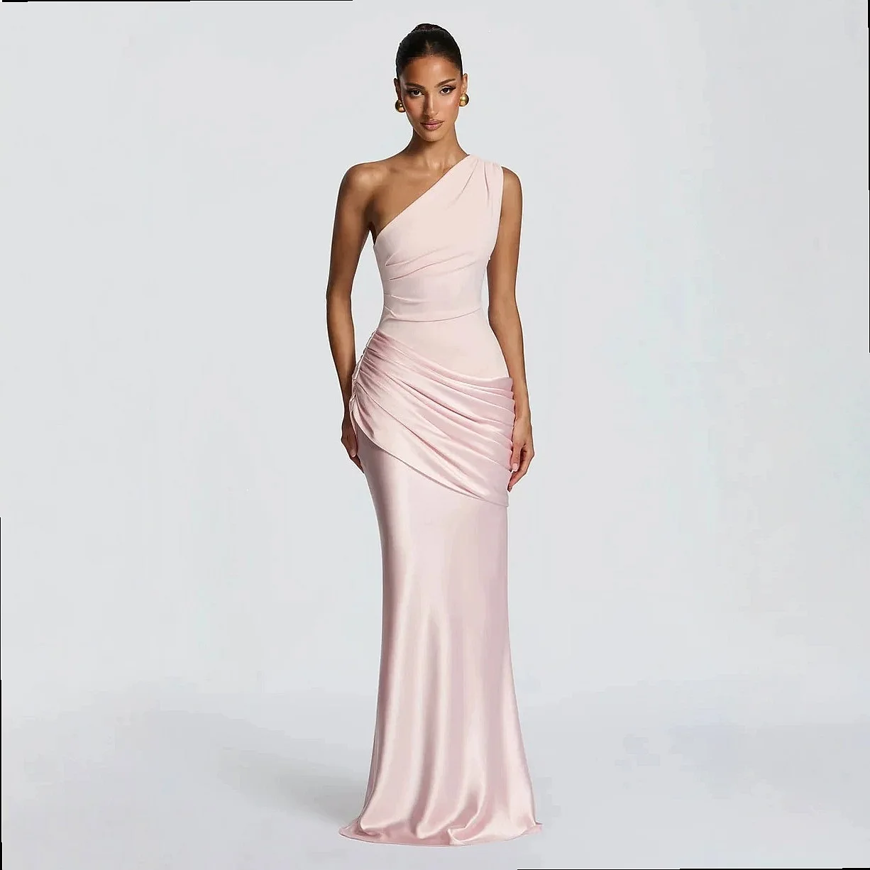 One Shoulder Satin Maxi Dress Ruched Bodycon High Waist Elegant Dresses Party Evening Gown