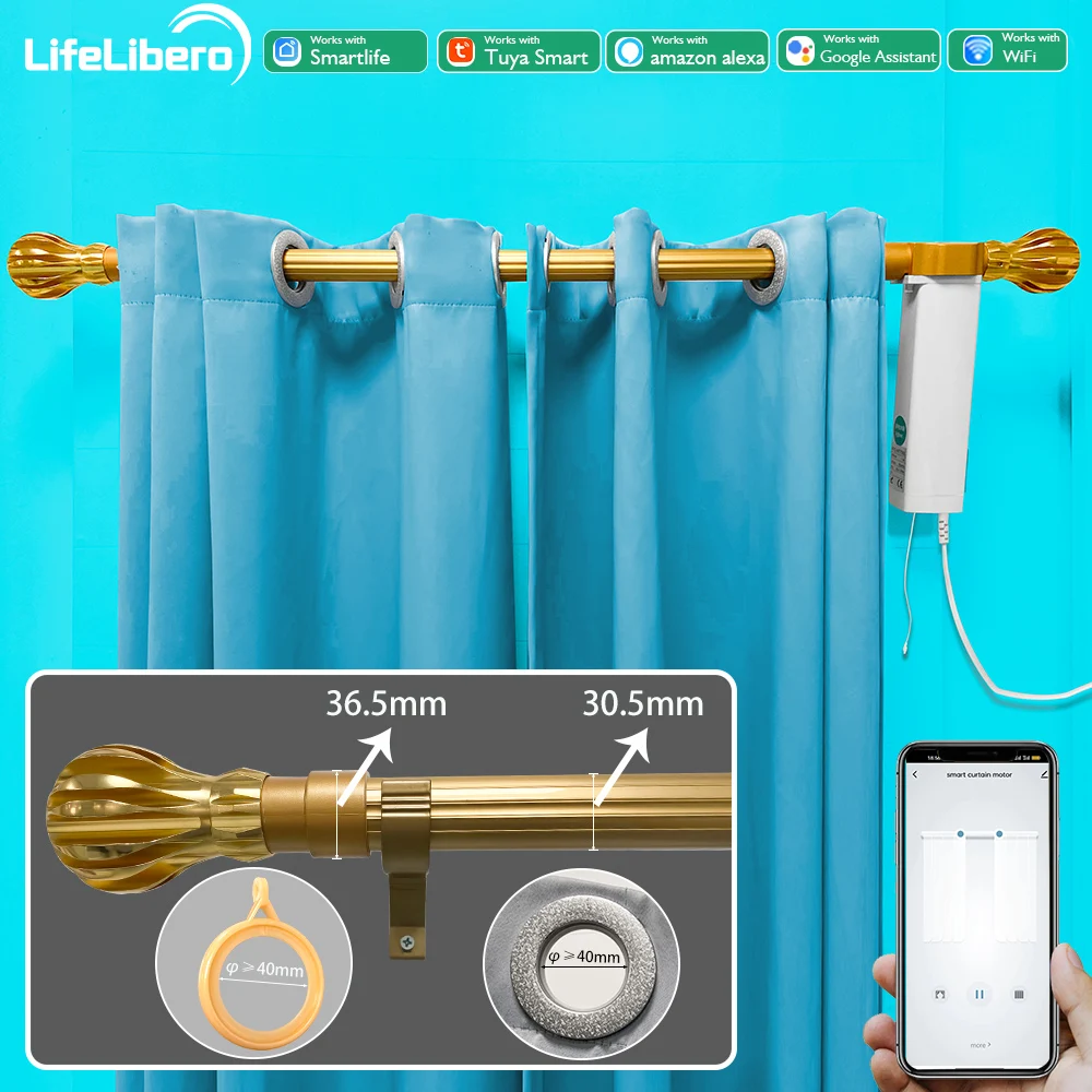 LifeLibero Roman Rod Tuya Wifi Smart Curtains Motor Kit Electric Curtain Track Automatic System Rail Support Alexa Smart life AP