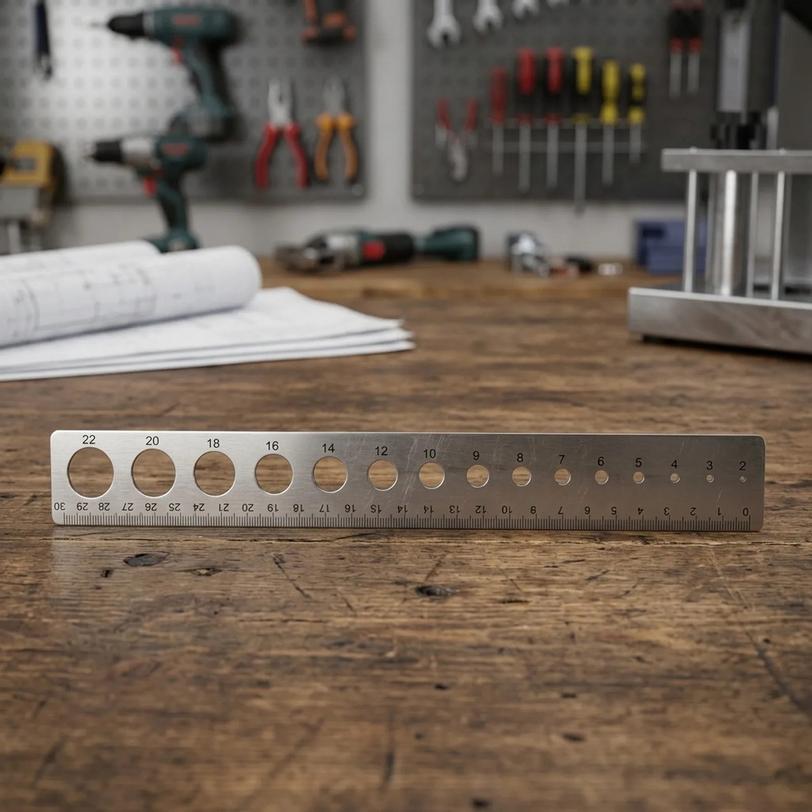Stainless Steel Square Hole Ruler Scale 310mm Multi Function Diameter Measurement For Office Construction Student