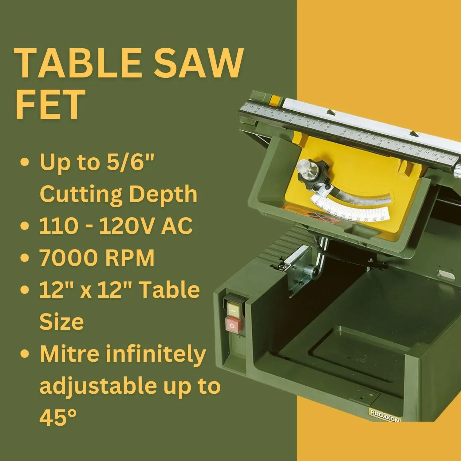 Proxxon Table Saw Fet for Precision Cuts - Adjustable Blade, Extendable Table, Low Noise Motor, 110-120V AC - 37070