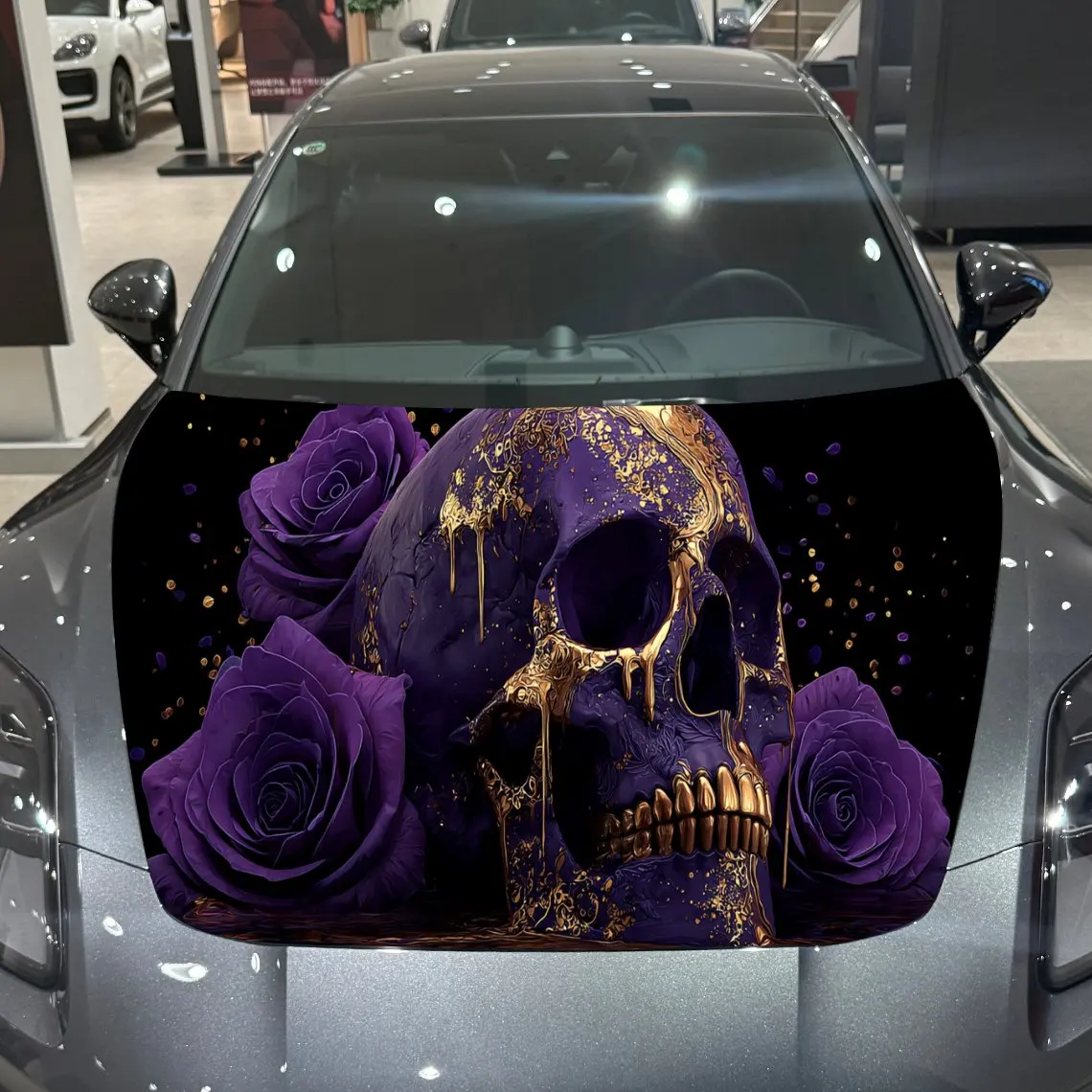 

Purple Skull Gold Rose Gothic PVC Car Hood Wraps, Self-Adhesive Waterproof Car Bonnet Decal Sticker, Car Decoration Protection S