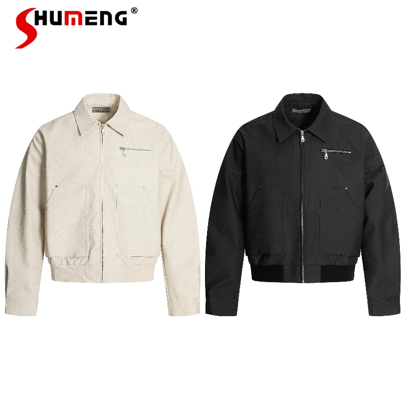 

Men's 2025 Autumn New Loose Comfort Lapel Jackets Fashion Curved Sleeve Solid Color Coats Zipper Decoration Pocket Chic Jackets