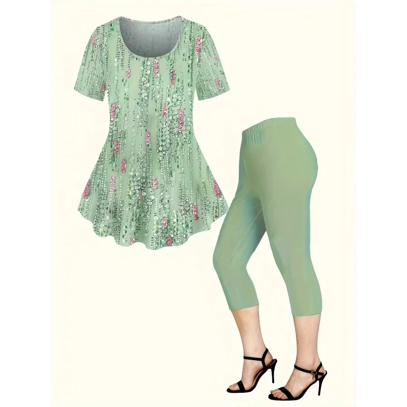 

Комплект из двух предметов: женская модная и удобная футболка с цифровым принтом и брюки-капри для весны/лета 2026 года