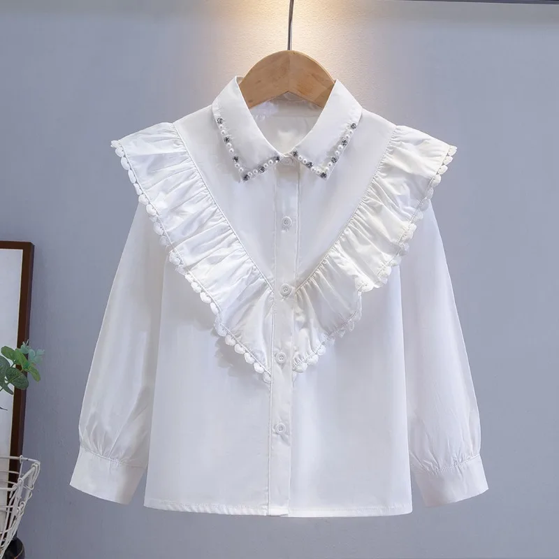 Children Pure Cotton White Shirt with Lace Collar Long Sleeved Spring and Autumn Children Clothing Student Class Clothes Korean