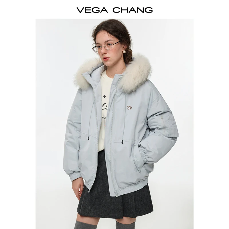 سترة نسائية شتوية جديدة من Vega Chang بياقة من فراء الراكون المخملي #4
