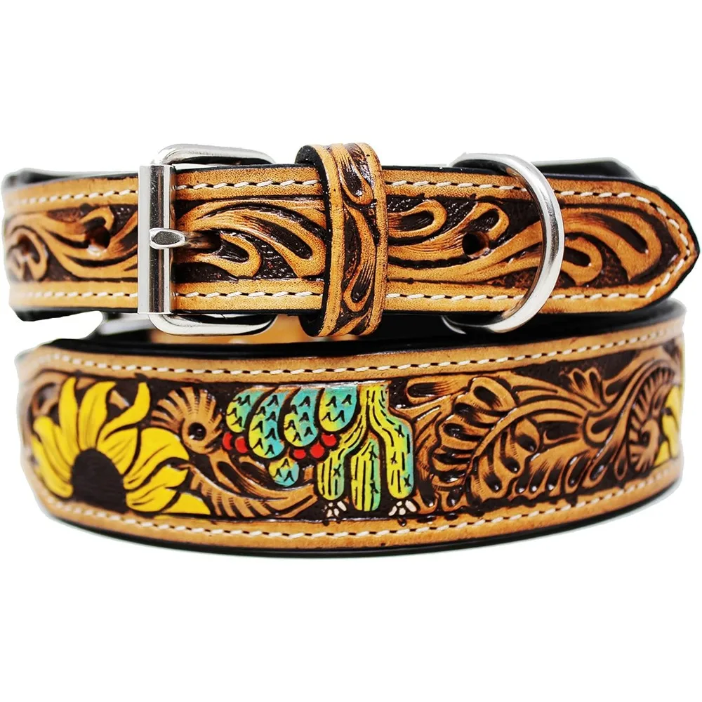 Handcrafted Leather Dog Collar with Padding, 17-21 Inches, Tooled Design for Medium Dogs