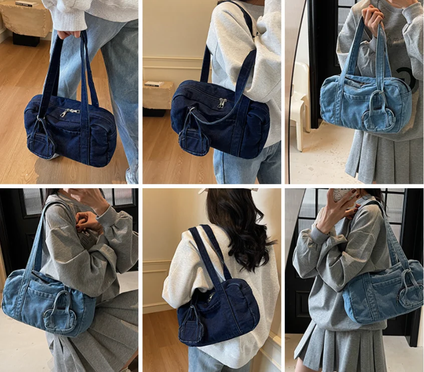 

Denim Shoulder Bag Solid Color Multi-pocket Design Large Capacity Armpit bags Casual Versatile Shoulder Tote Bags Женская сумка