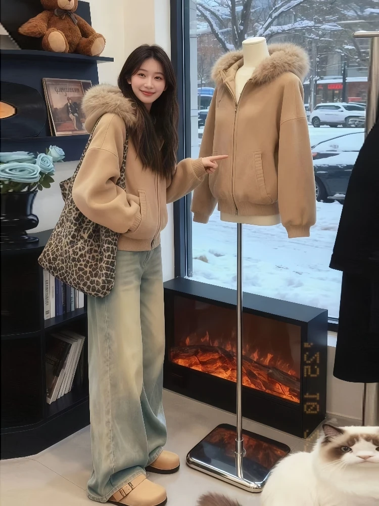 

Корейский женский свитер с капюшоном Thiened большого размера, пальто с большим меховым воротником, повседневный вязаный топ на осень-зиму