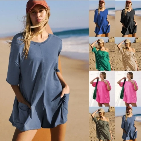 

Women's Vacation Romper Beach Bodysuit 2025 Autumn Winter Latest Loose Casual Short Sleeved V-Neck Backless Jumpsuit Shorts