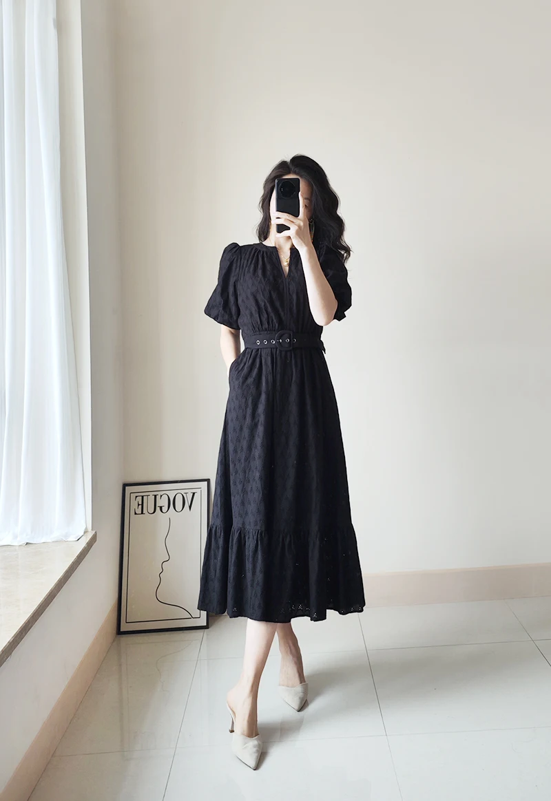 Puff Sleeves Black Cotton Belted Midi Dress US 2-US 12