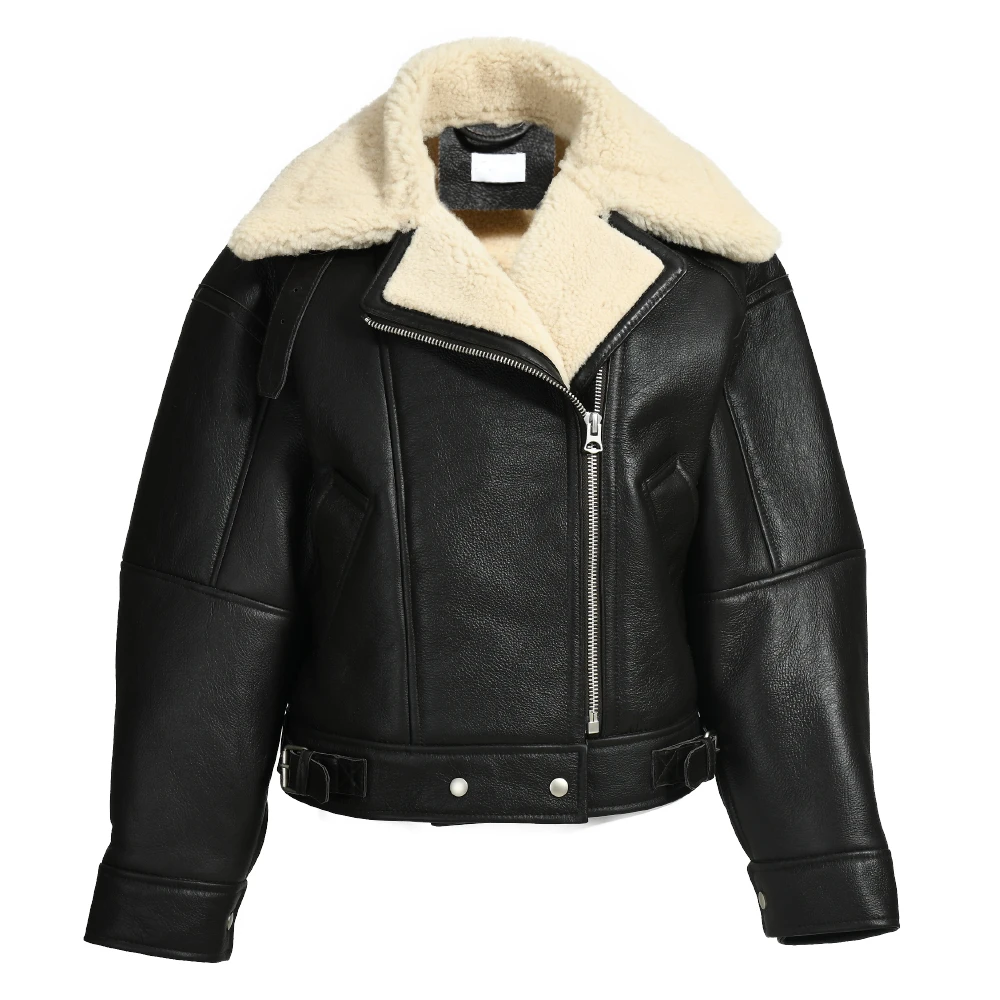 Jaxmonoy Dames Echt Lederen Shearling Jack Dames Schapenvacht Jassen Winter Dikke Warme Bovenkleding Dames Nieuwkomer